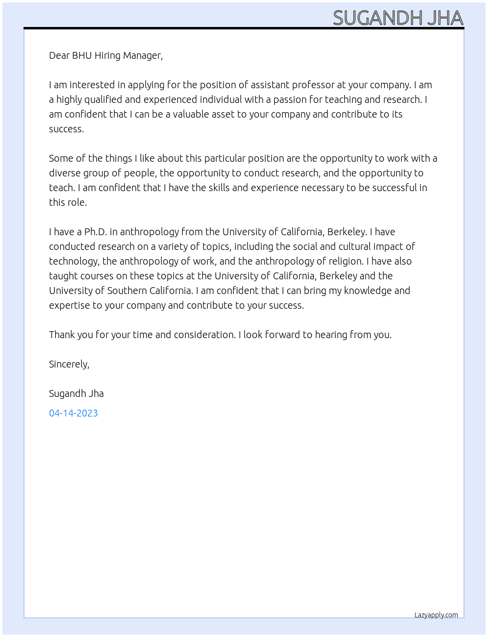 assistant professor At BHU Cover Letter