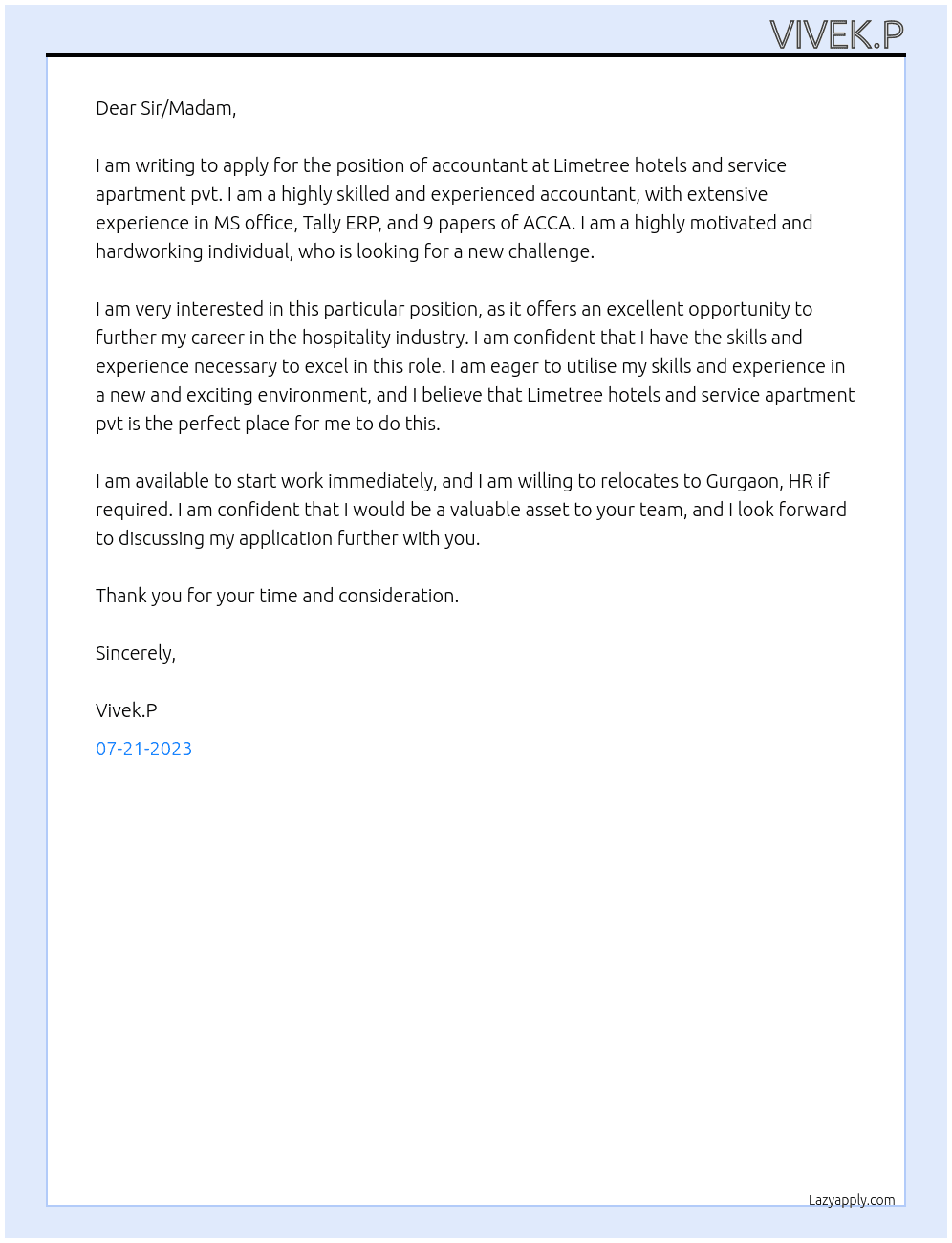 Accountant At Limetree hotels and service apartment pvt Cover Letter