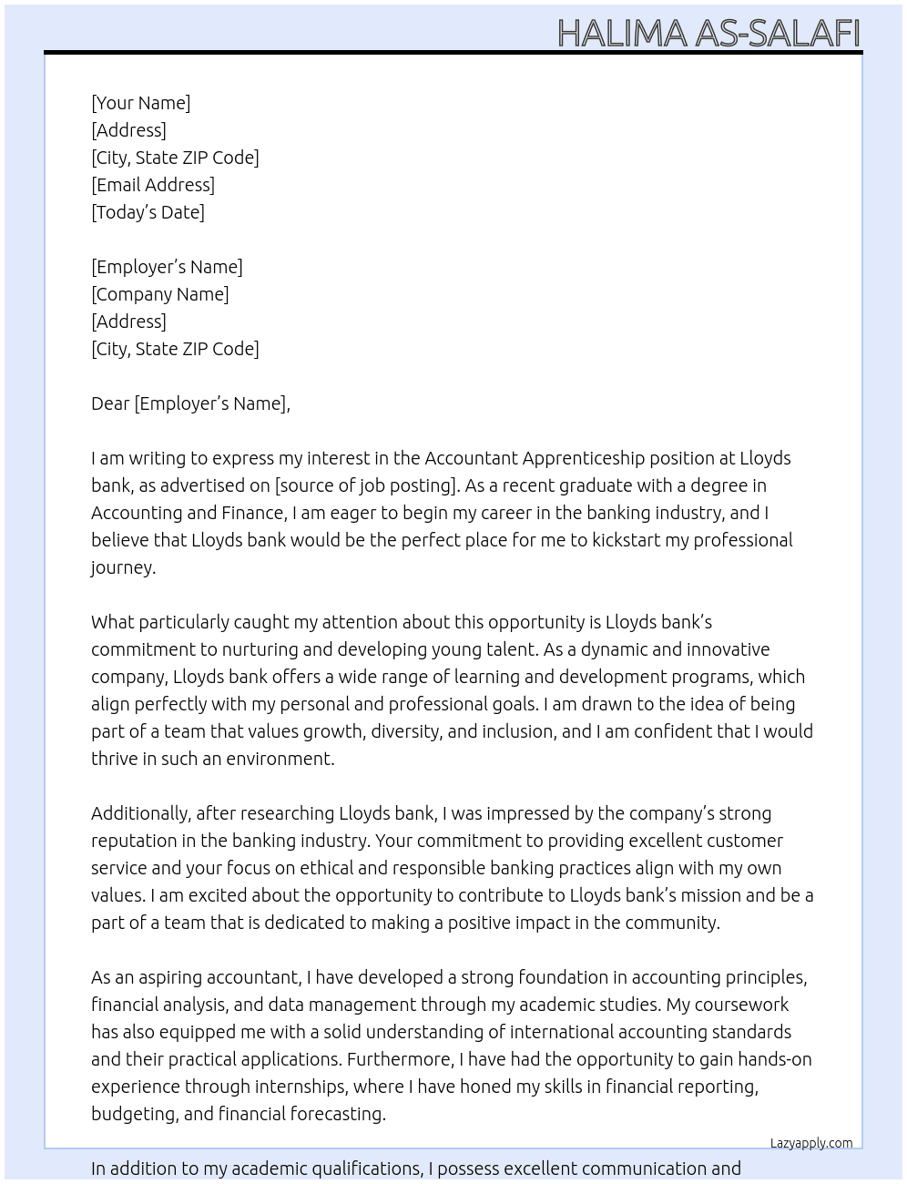 Accountant apprenticeship  At Lloyds bank Cover Letter