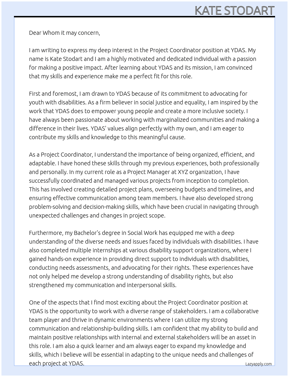 Project Coordinator At YDAS Cover Letter