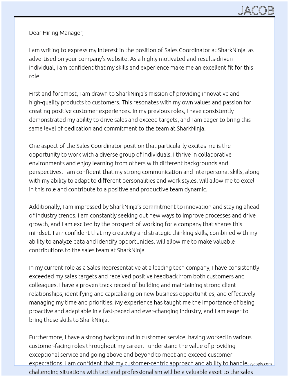 Sales Coordinator - Amazon At SharkNinja Cover Letter