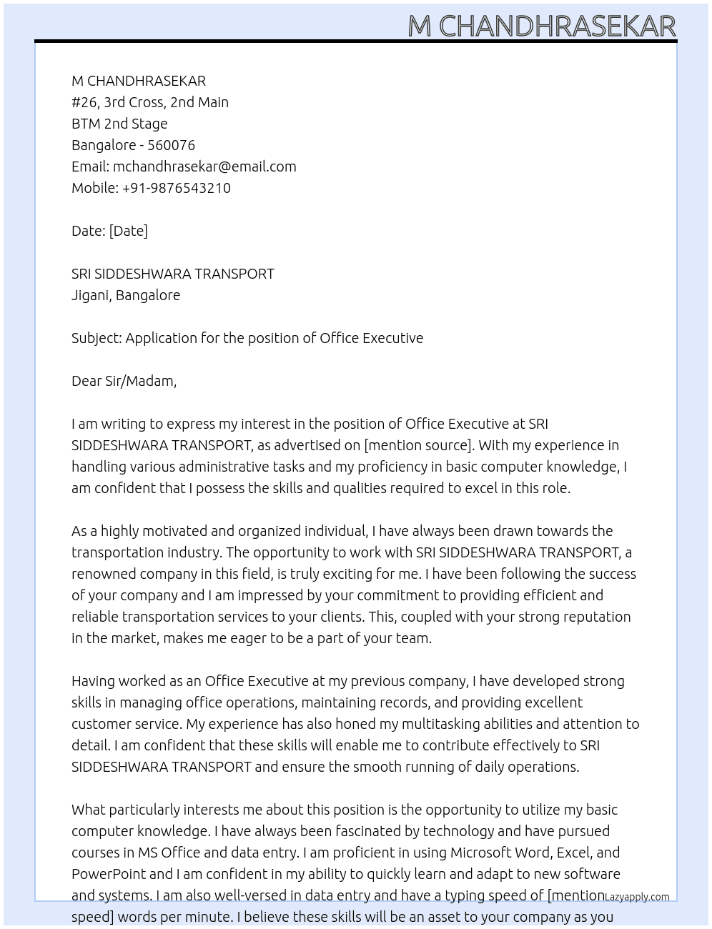 Office Excutive At SRI SIDDESHWARA TRANSPORT Cover Letter