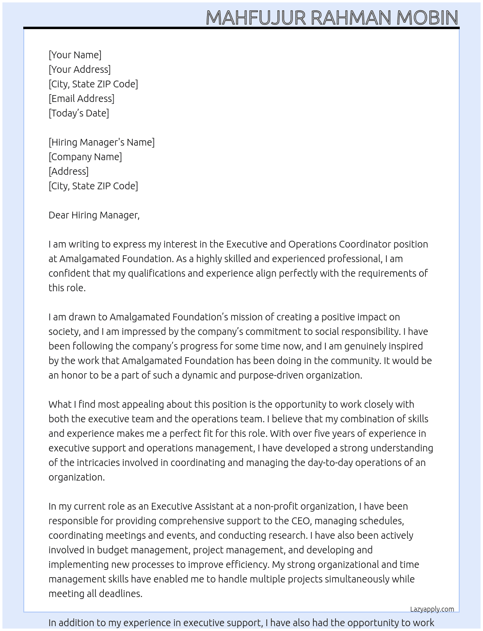 Executive and Operations Coordinator At Amalgamated Foundation Cover Letter