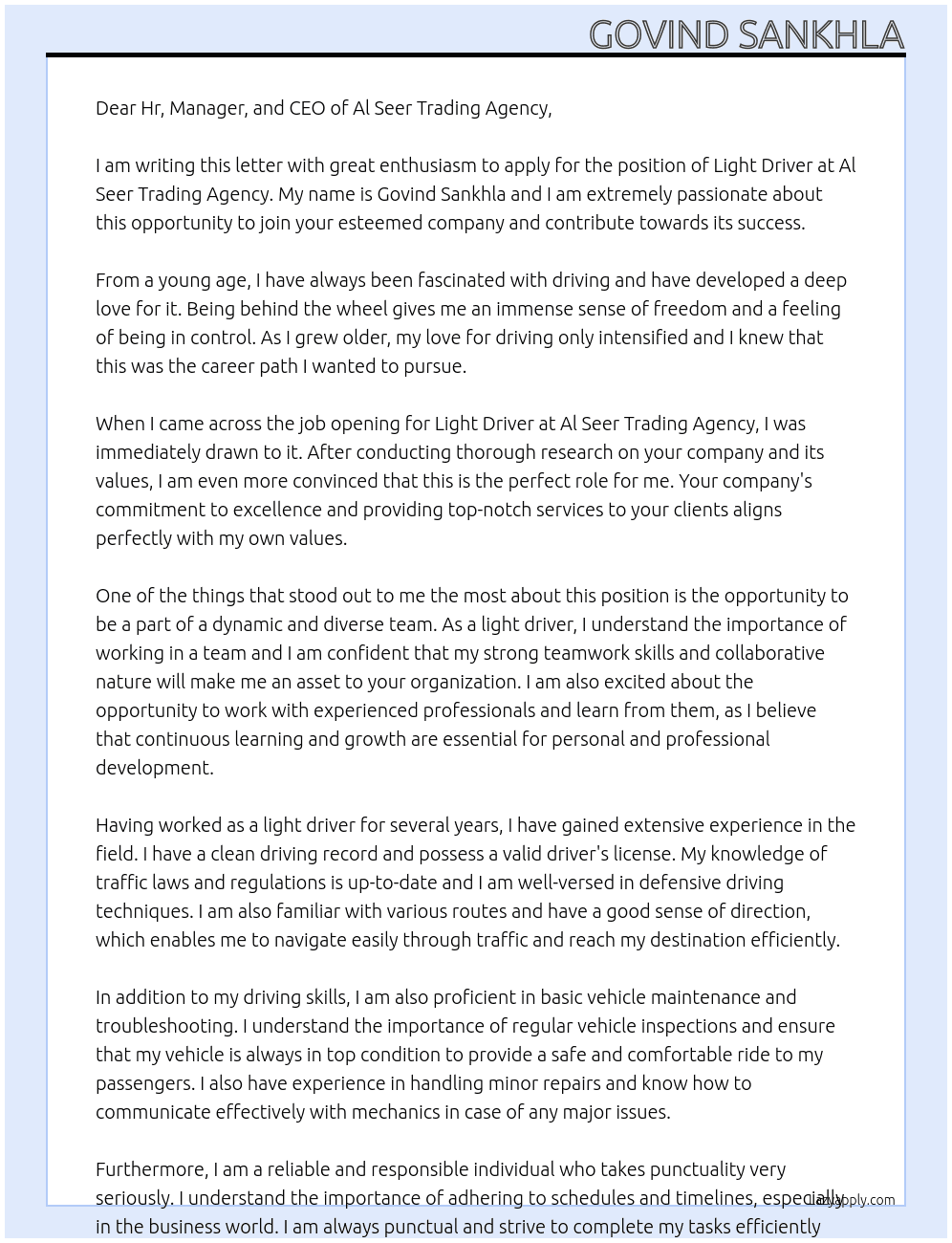 Light driver  At Al seer trading agency  Cover Letter