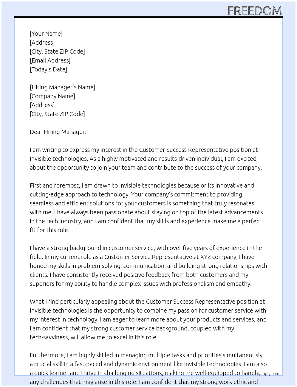 Customer Success Representative  At Invisible technologies Cover Letter