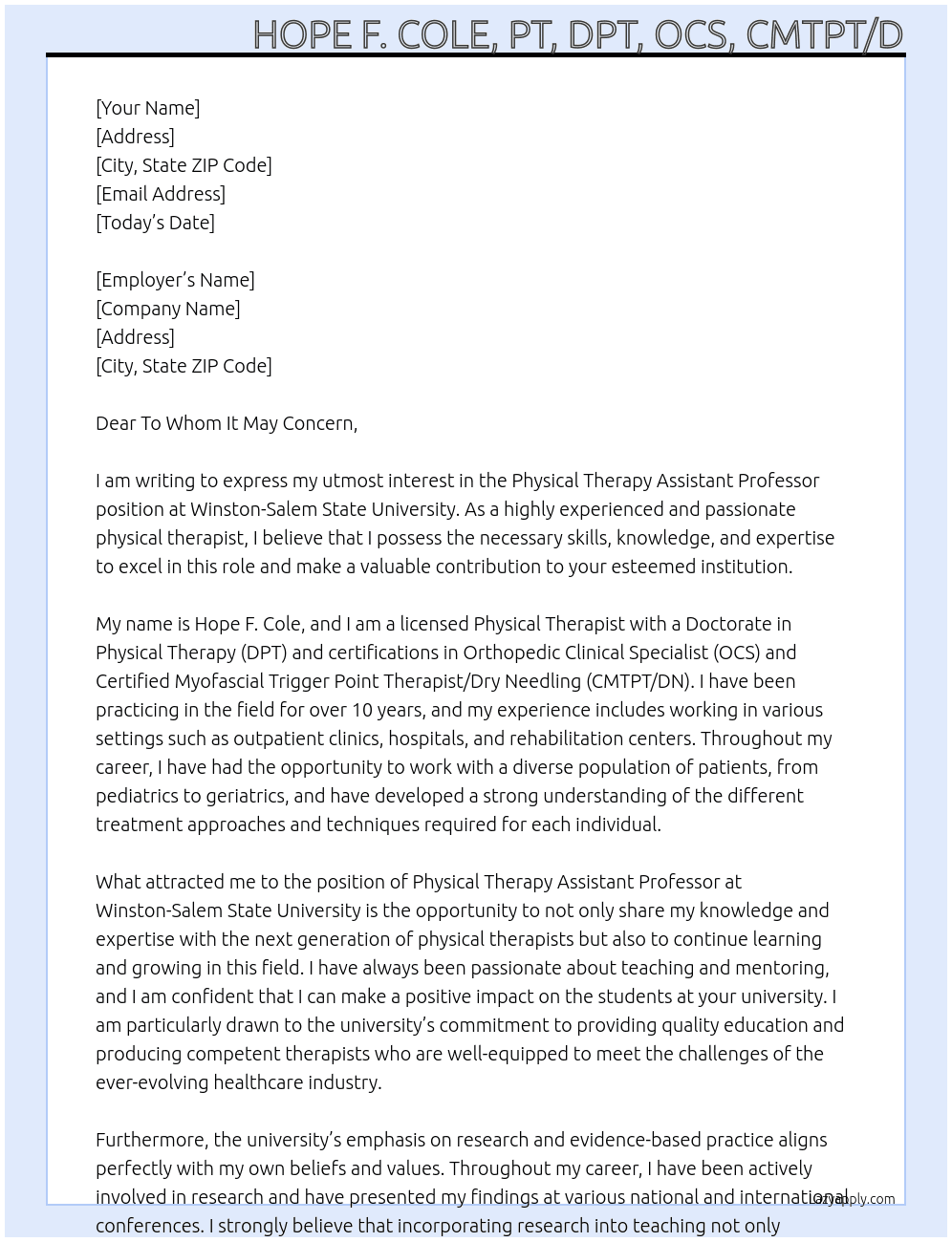 Physical Therapy Assistant Professor At Winston-Salem State Univeristy Cover Letter