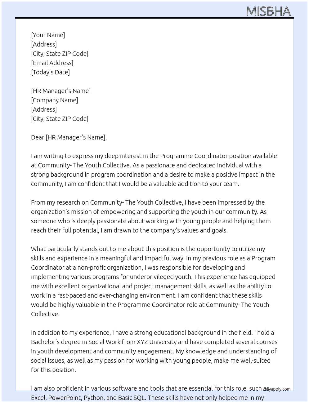Programme coordinator  At Community- The youth collective  Cover Letter