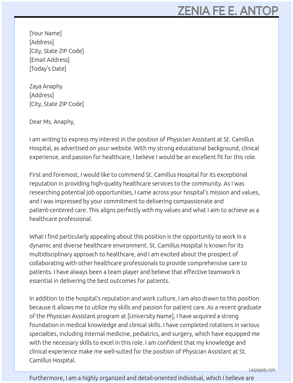 physician assistant  At St. Camillus Hospital Cover Letter