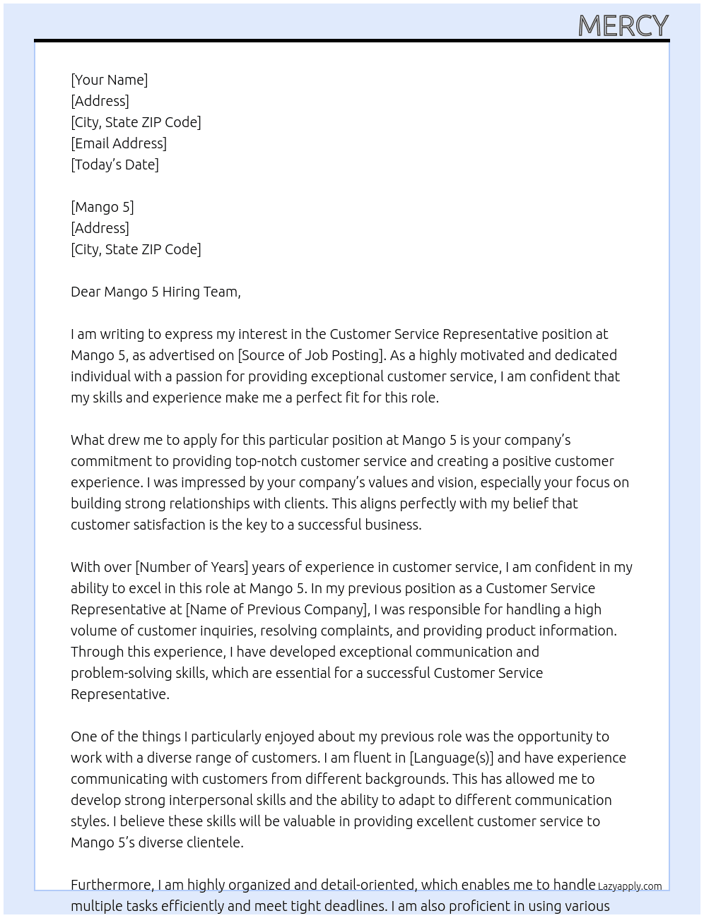 Customer Service Representative At mango 5 Cover Letter