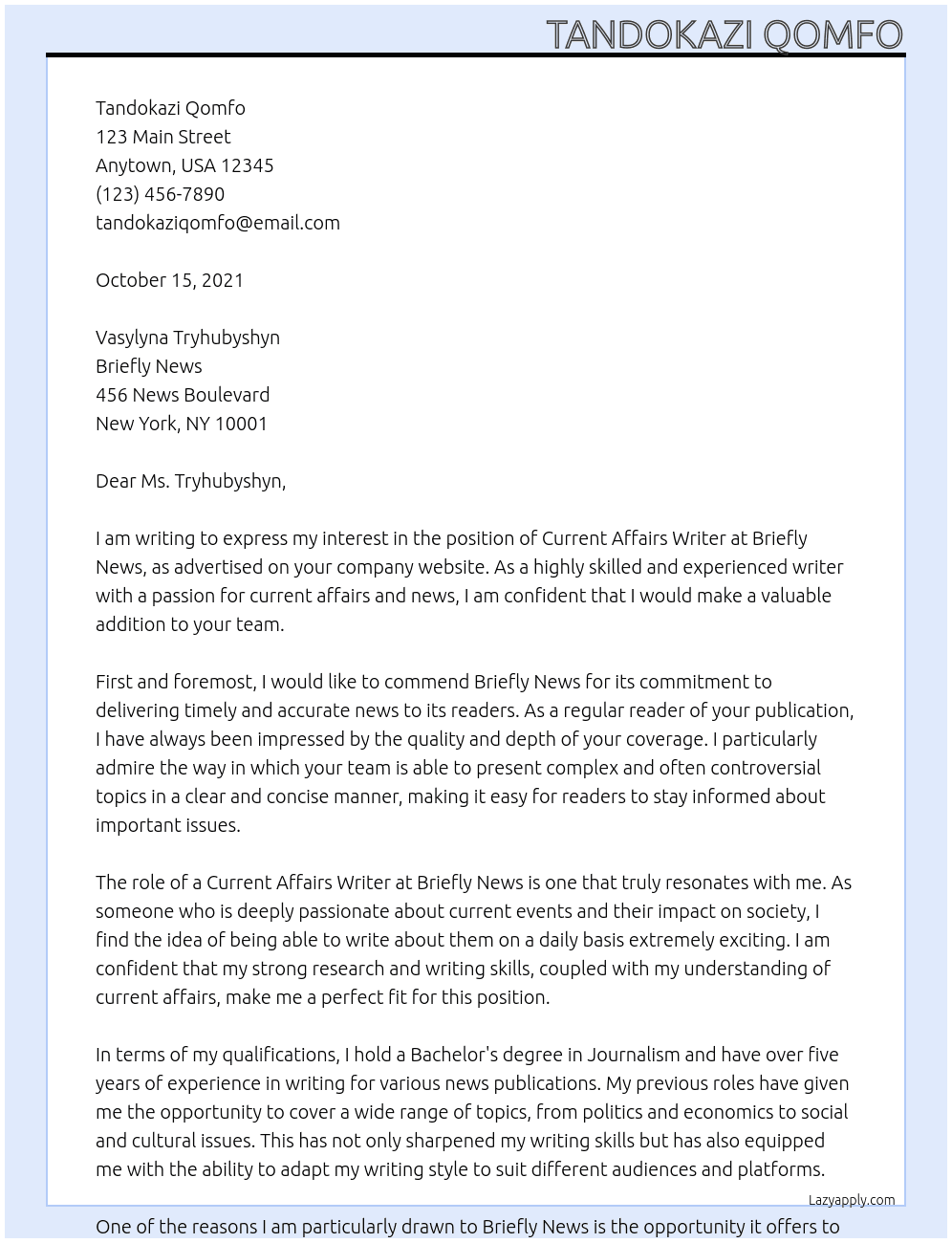 Current affairs writer At Briefly News Cover Letter