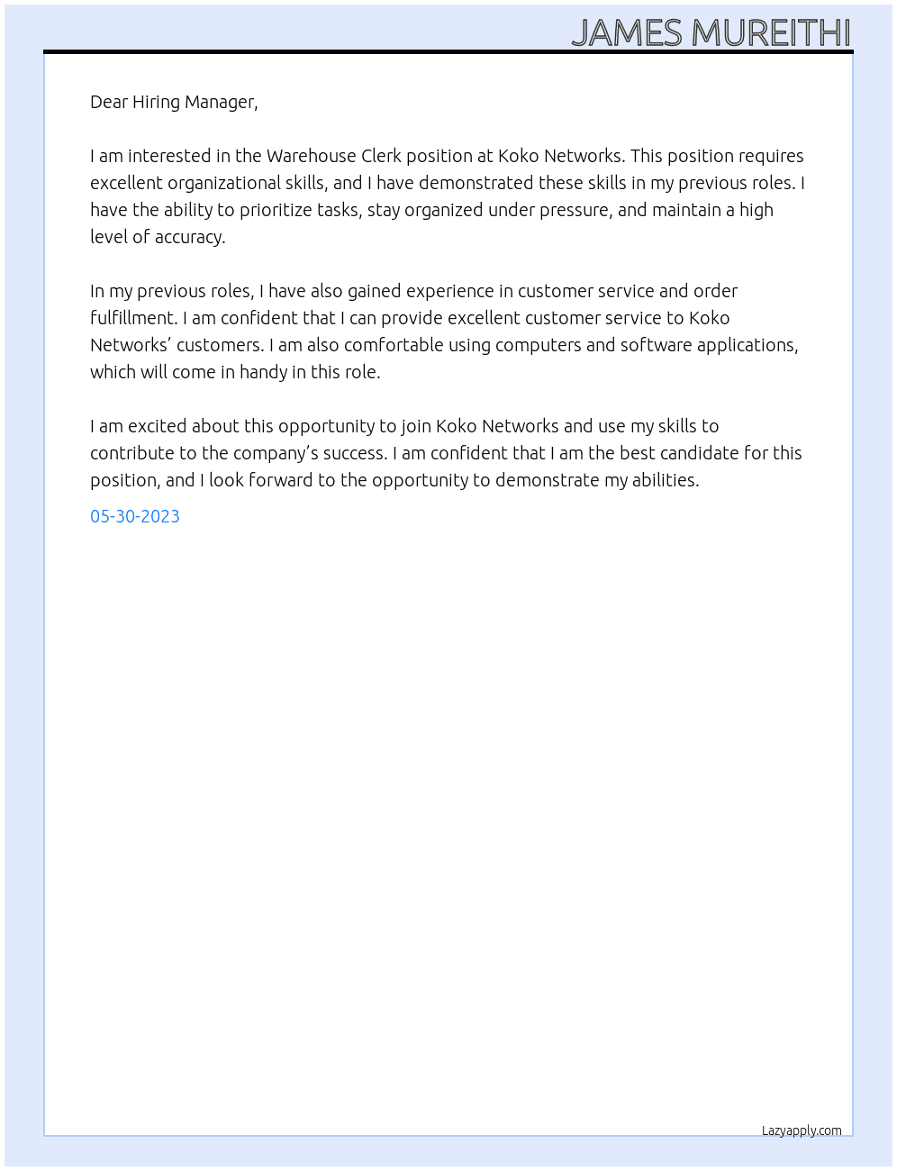 Warehouse Clerk At Koko Networks Cover Letter