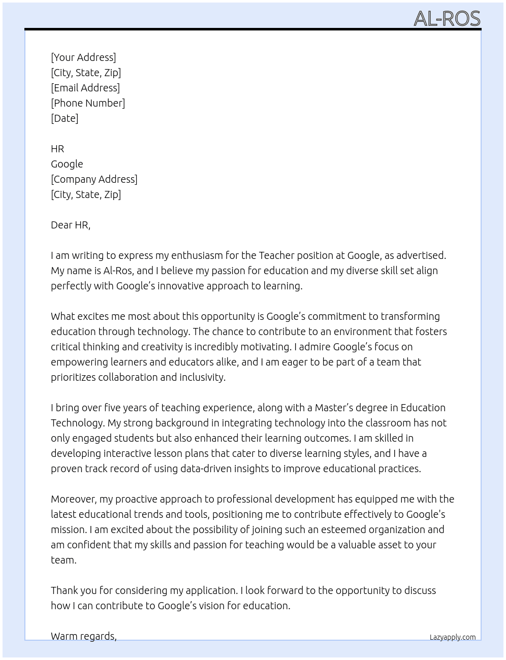 Teacher At Google Cover Letter