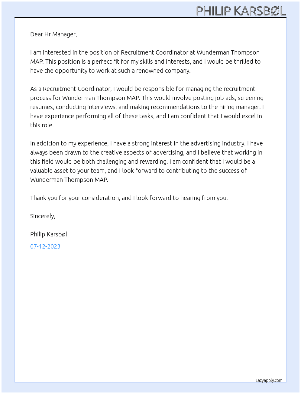 Recruitment Coordinator At Wunderman Thompson MAP Cover Letter