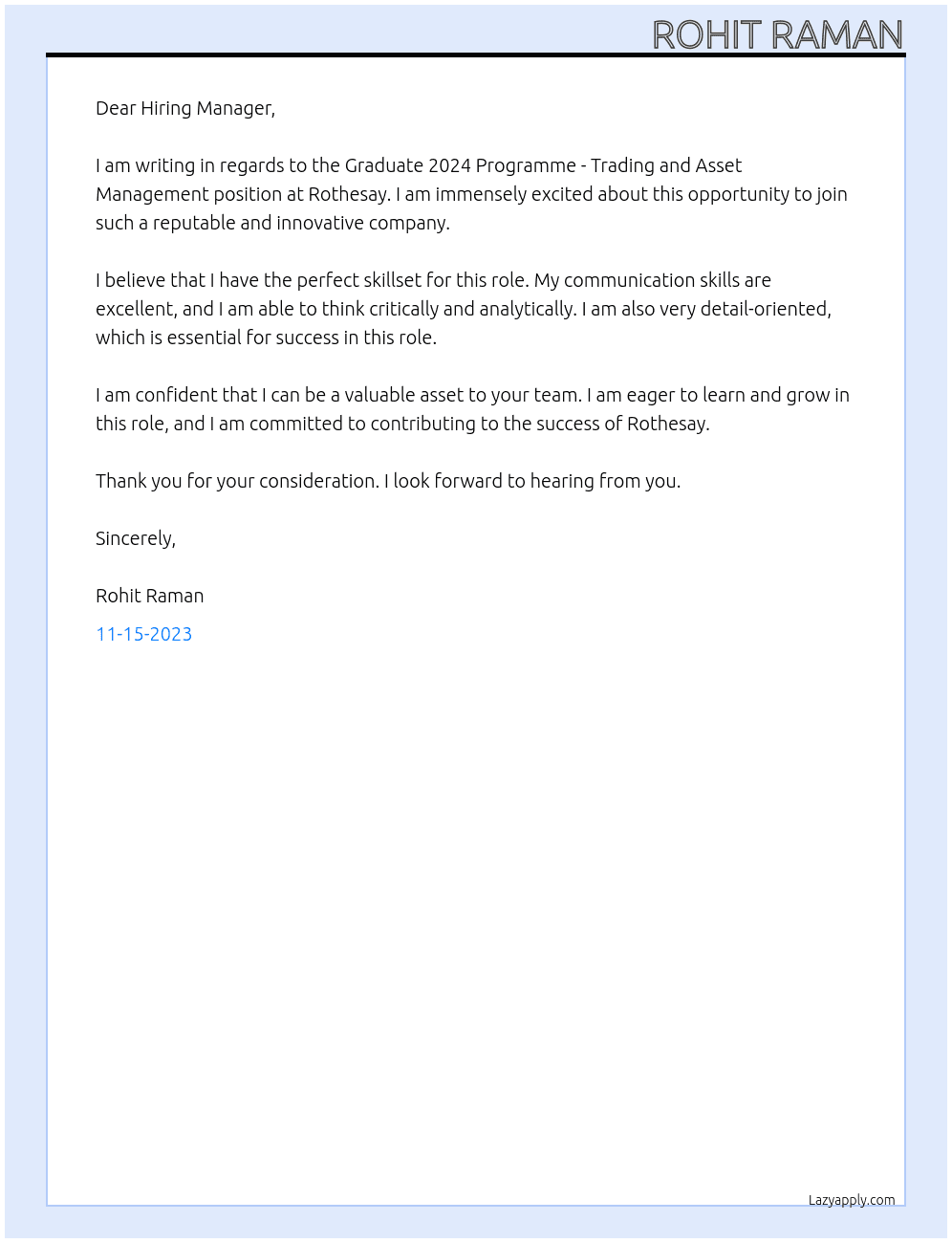Graduate 2024 Programme - Trading and Asset Management At Rothesay Cover Letter