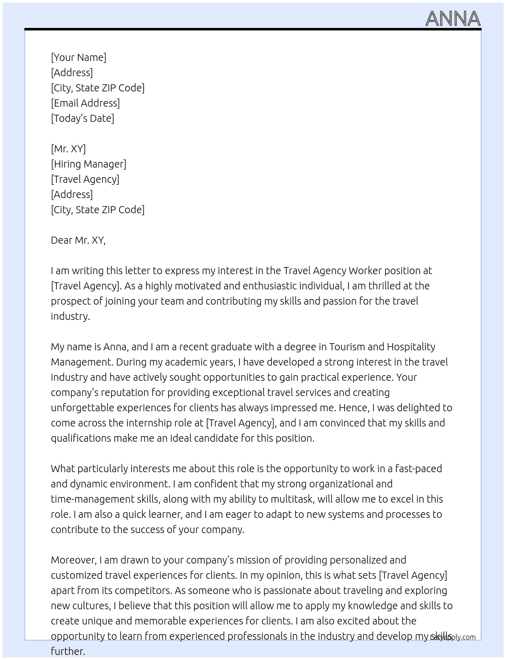 travel agency worker At travel agency Cover Letter