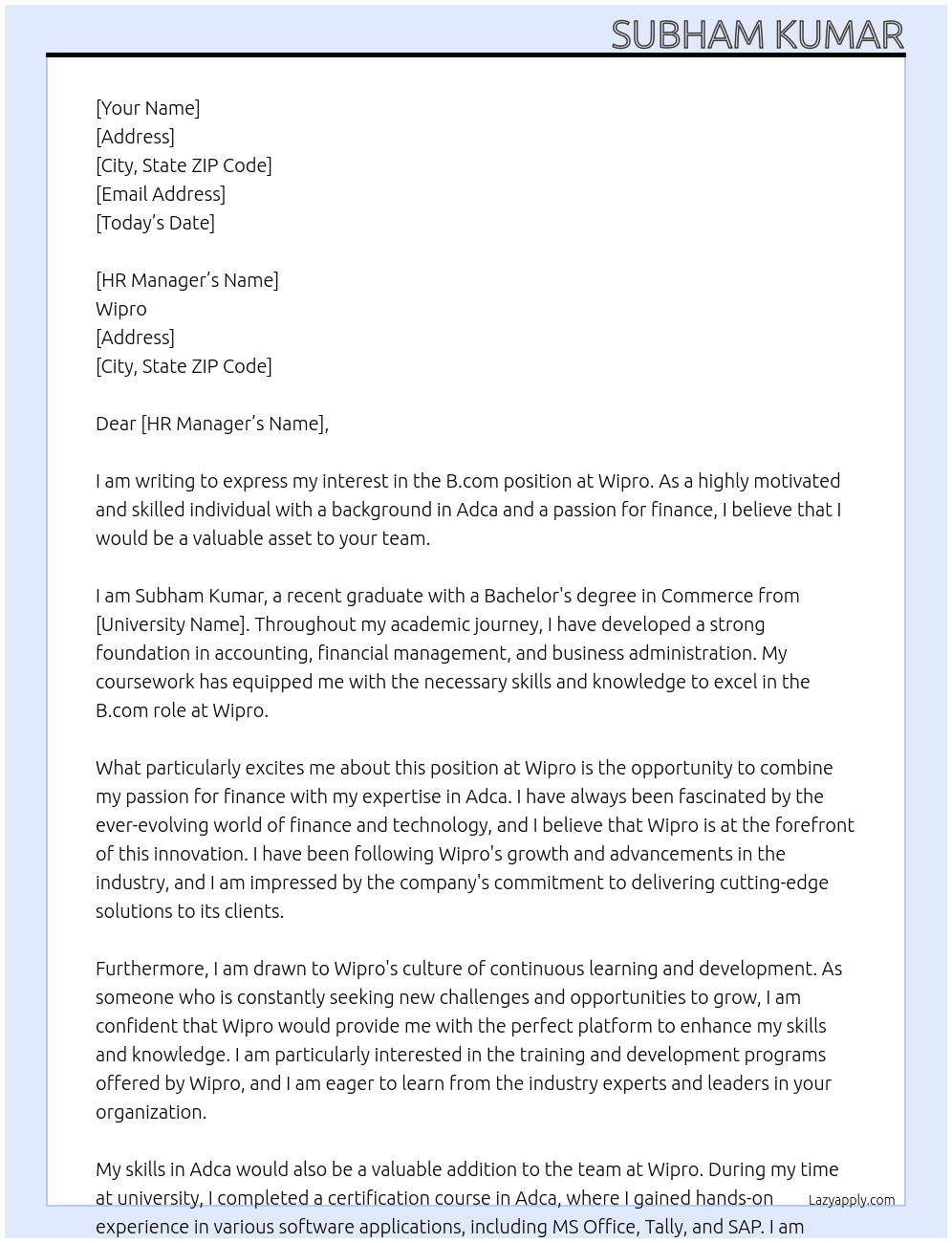 Cover letter for b.com - LazyApply