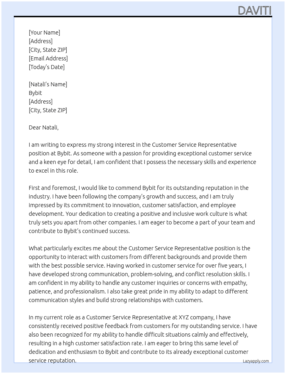 Customer Service Representative At Bybit Cover Letter