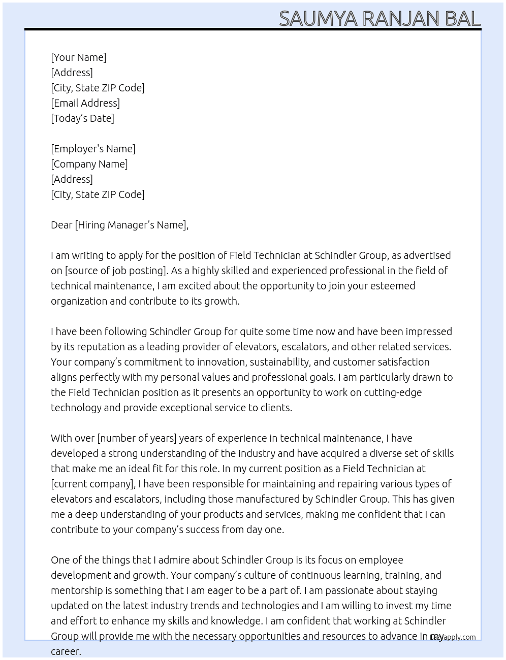 Field Technician At Schindler Group Cover Letter