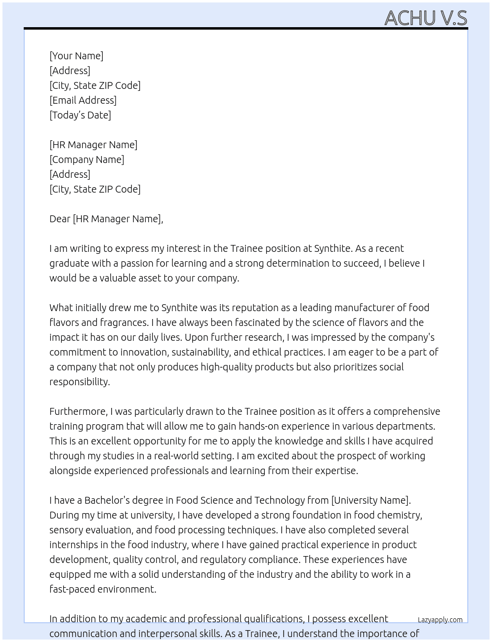 Trainee At Synthite  Cover Letter