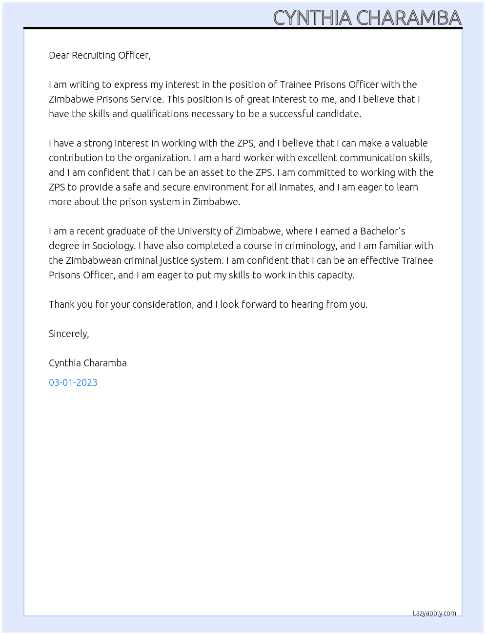 ZPCS  Trainee Prisons Officer At Zimbabwe Prisons Service Cover Letter