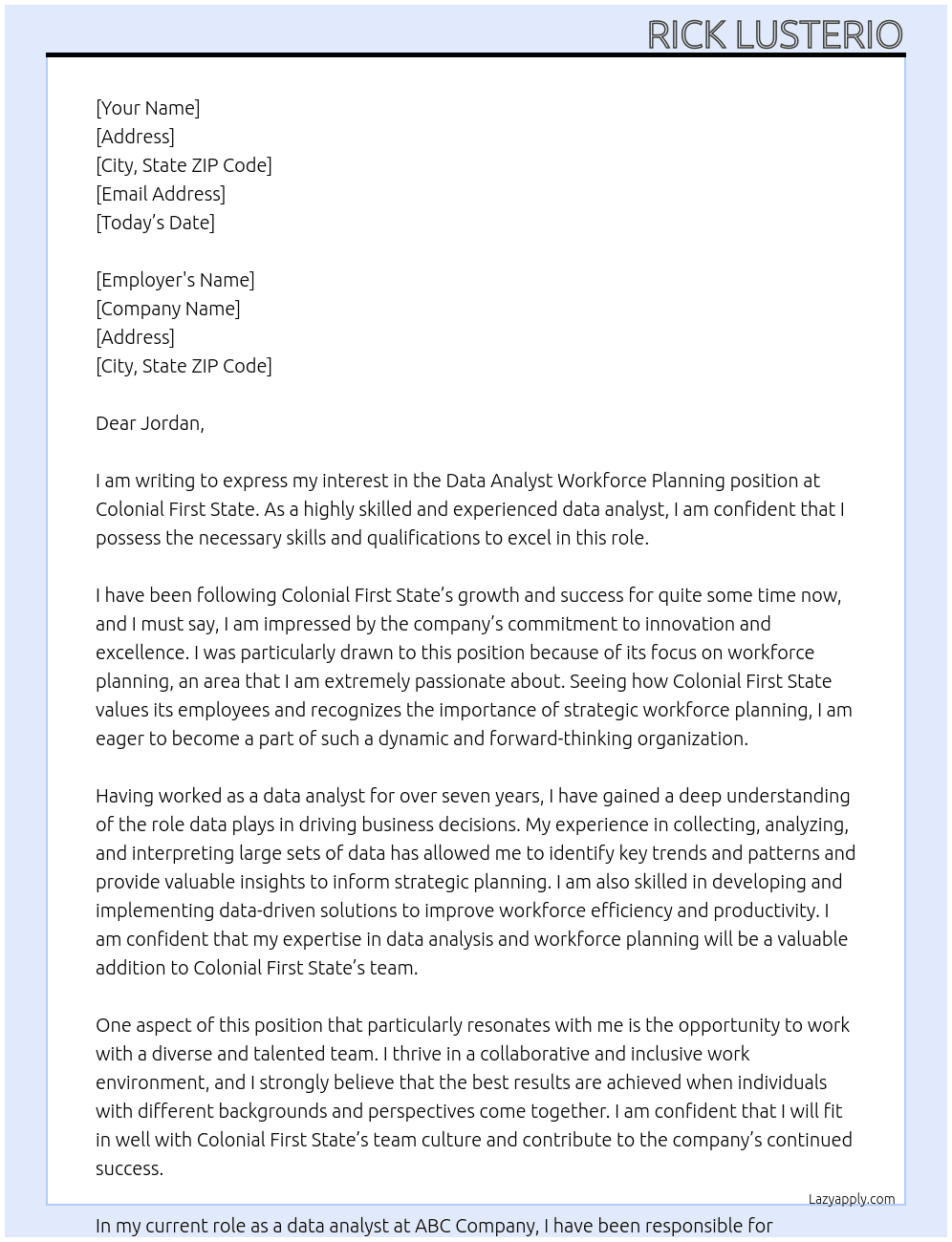 Data Analyst Workforce Planning At Colonial First State Cover Letter