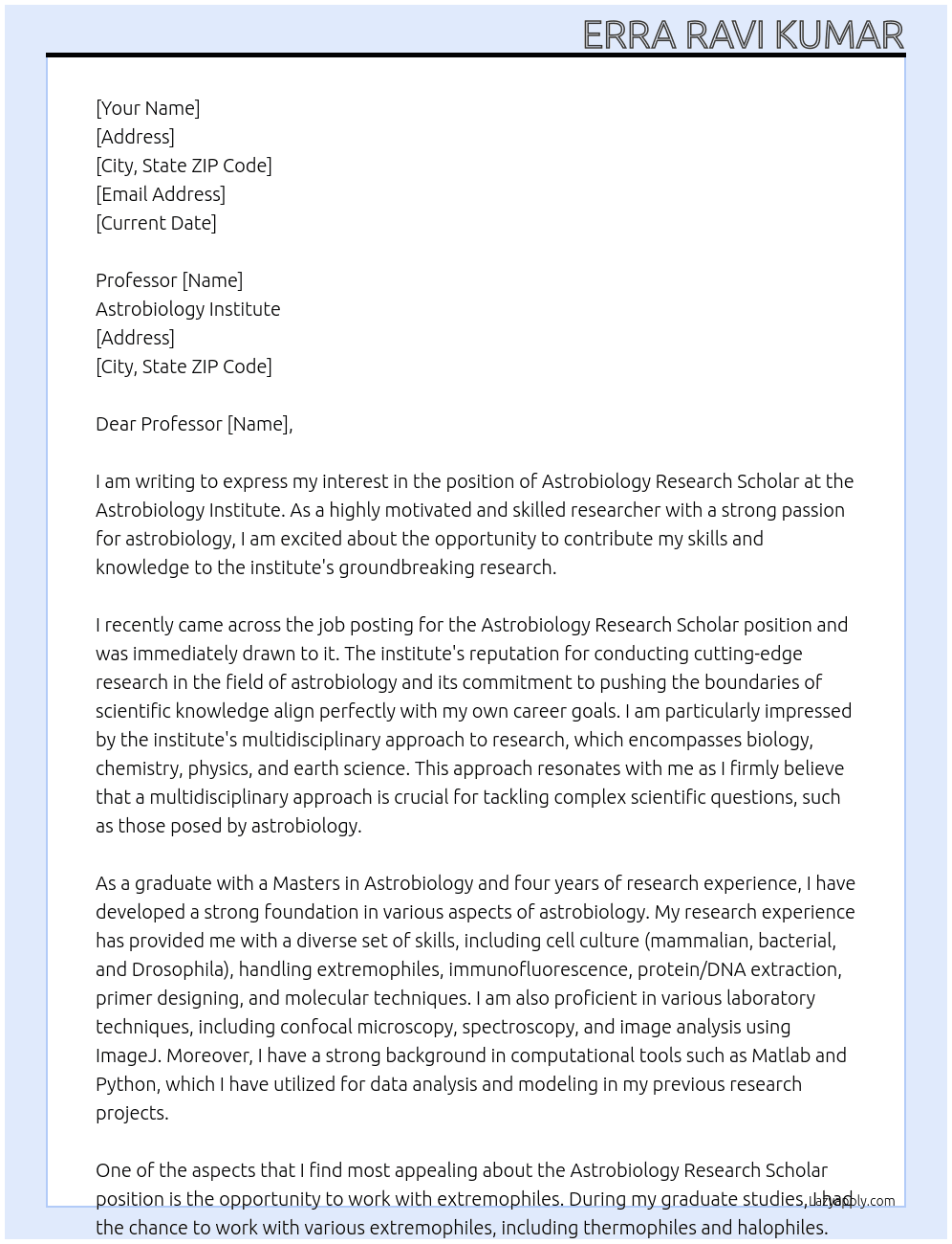 Astrobiology research scholar At Astrobiology Institute Cover Letter
