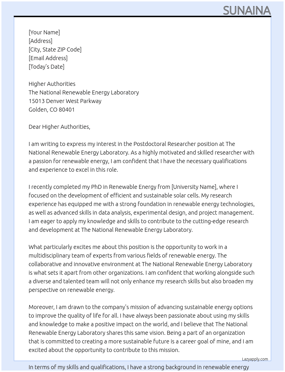  Postdoctoral Researcher At The National Renewable Energy Laboratory Cover Letter
