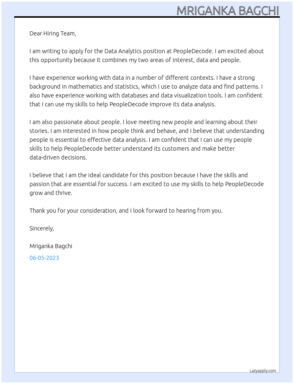 Data Analytics At PeopleDecode Cover Letter