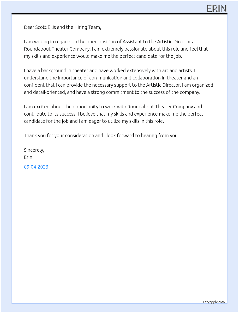 Assistant to the Artistic Director At Roundabout Theater Company Cover Letter