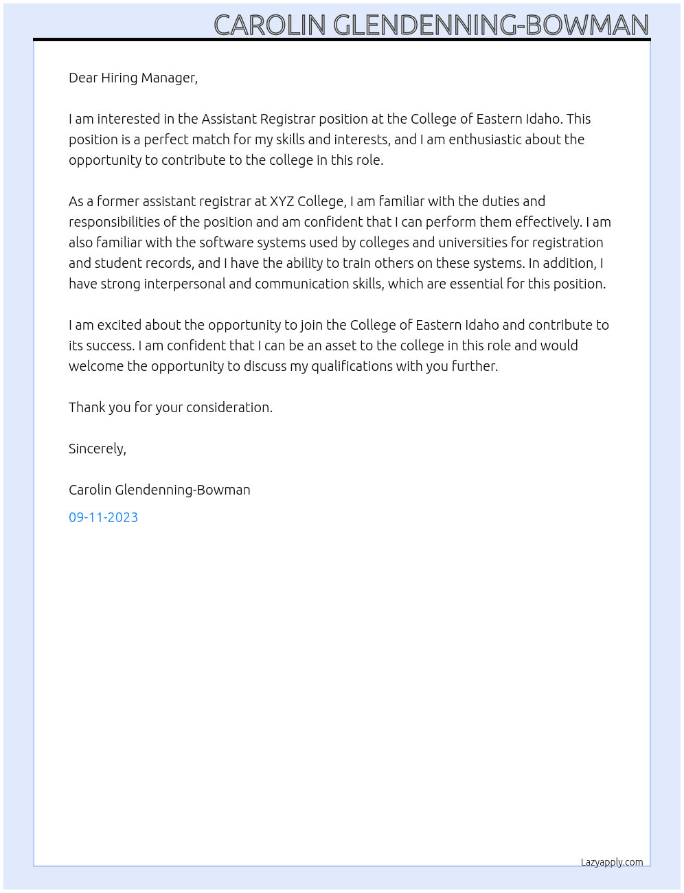 Assistant Registrar At College of Eastern Idaho Cover Letter