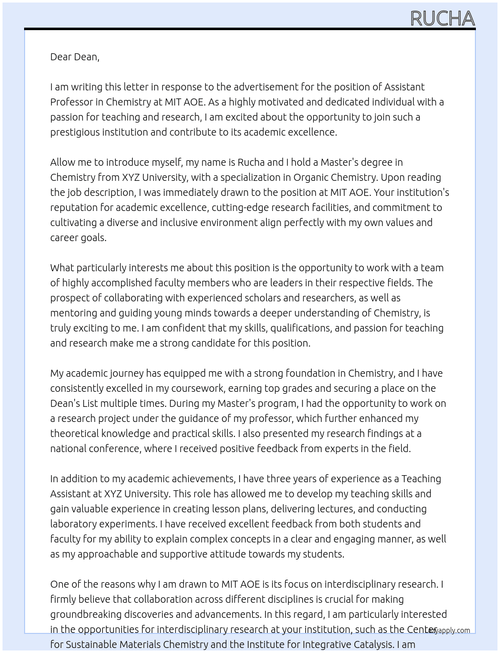 Assistant Professor in Chemistry At MIT AOE Cover Letter