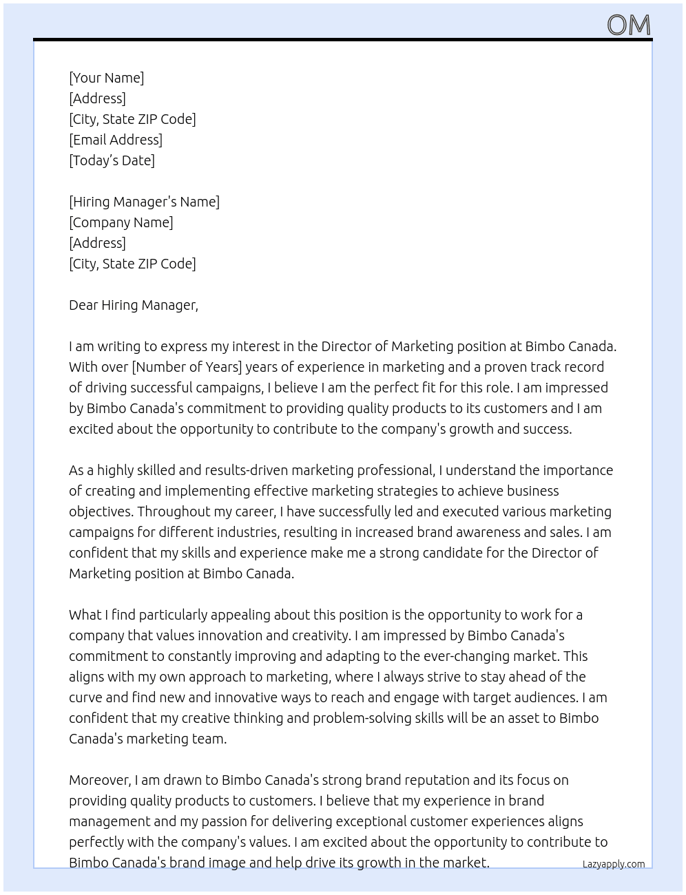 Director of Marketing  At Bimbo Canada Cover Letter