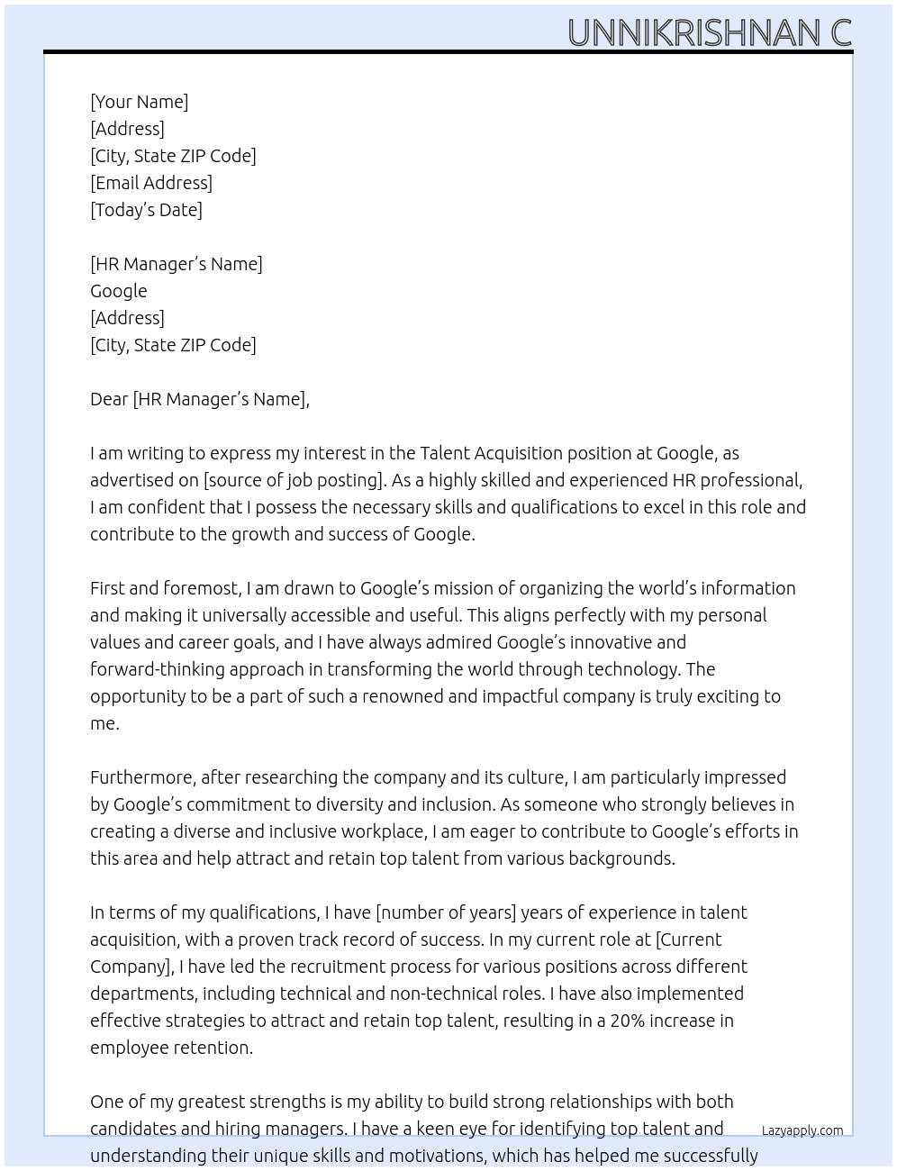 talent acquisition At google Cover Letter