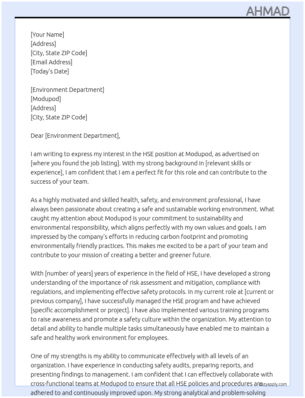 HSE At Modupod Cover Letter