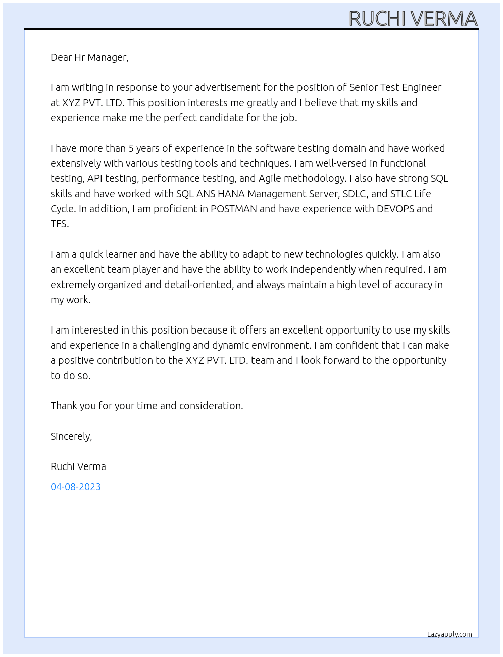 Senior Test Engineer  At XYZ PVT. LTD Cover Letter