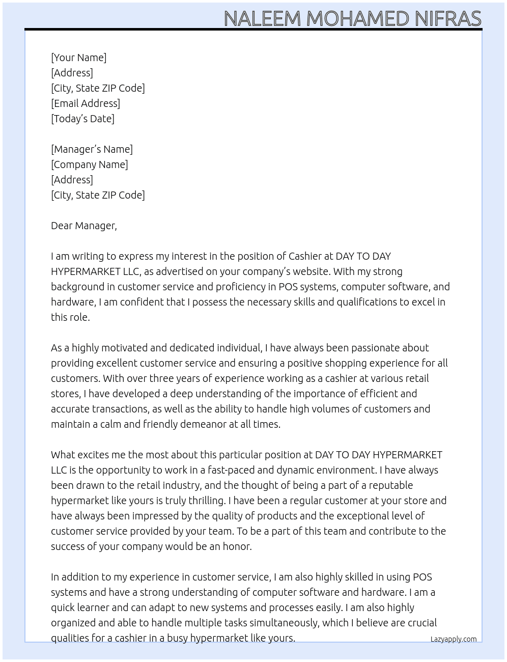 cashier At DAY TO DAY HYPERMARKET LLC Cover Letter