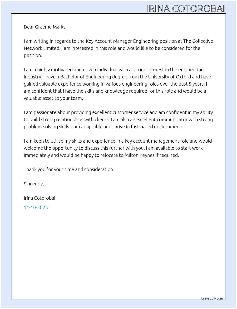 Key Account Manager-Engineering At The Collective Network Limited Cover Letter