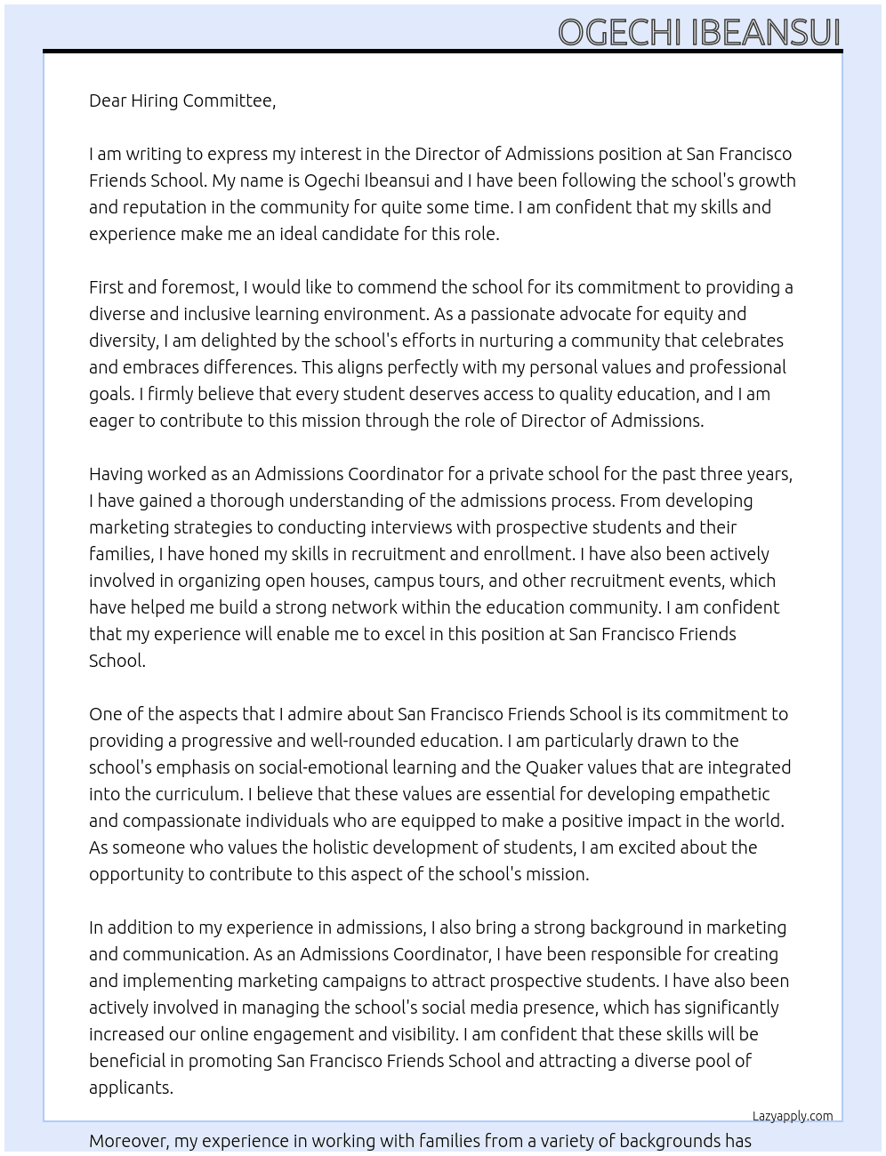 Director of Admissions  At San Francisco Friends School Cover Letter