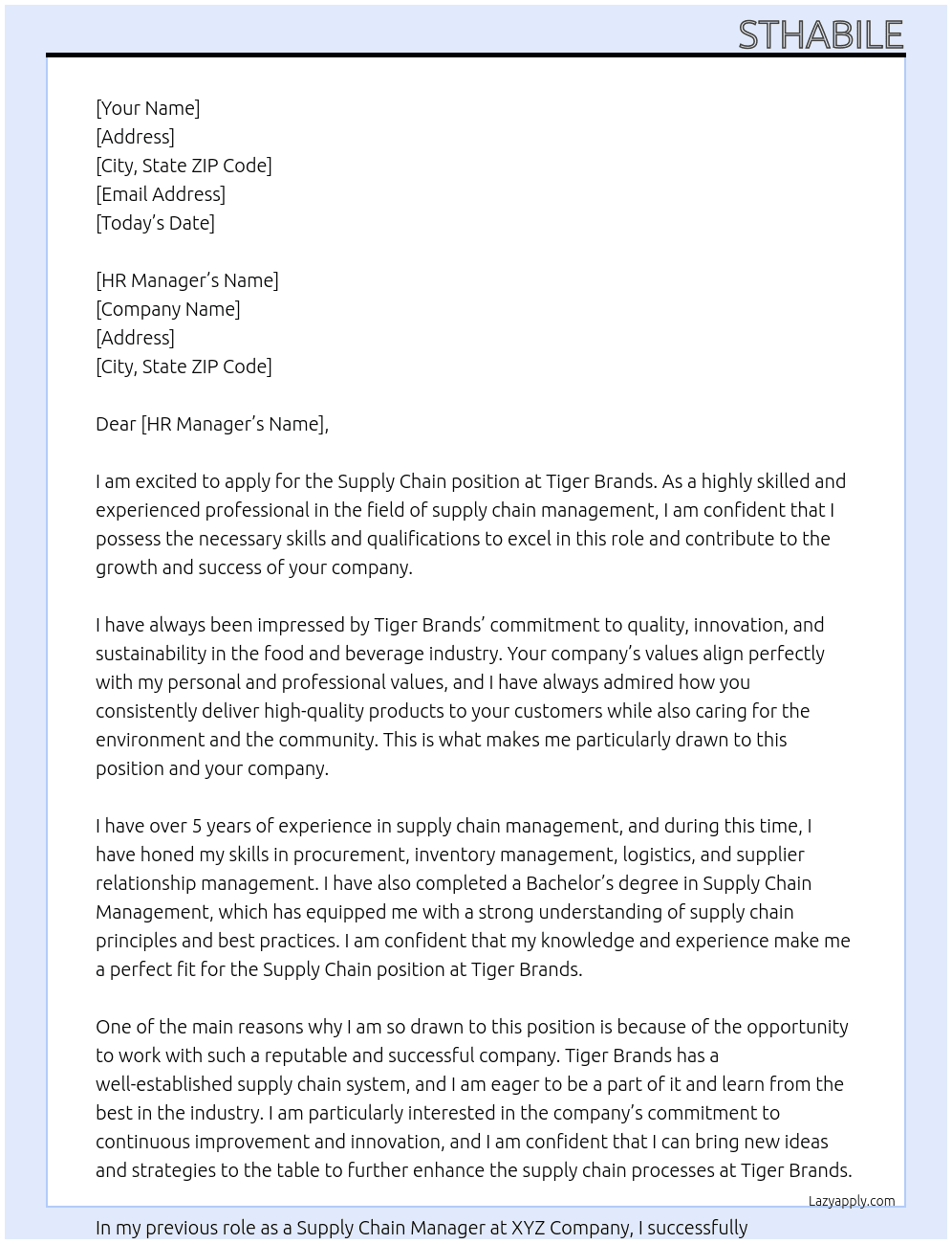 Supply Chain  At Tiger brans Cover Letter
