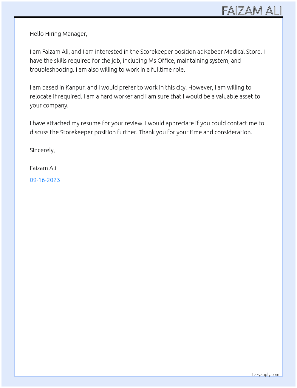 Storekeeper At Kabeer Medical Store Cover Letter