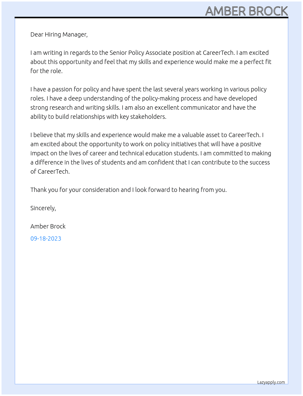 Senior Policy Associate At CareerTech Cover Letter