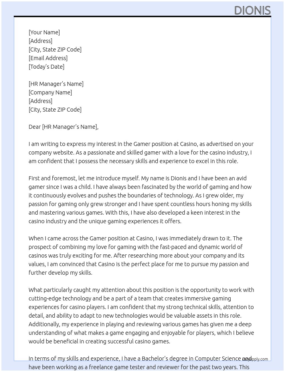 gamer  At casino Cover Letter