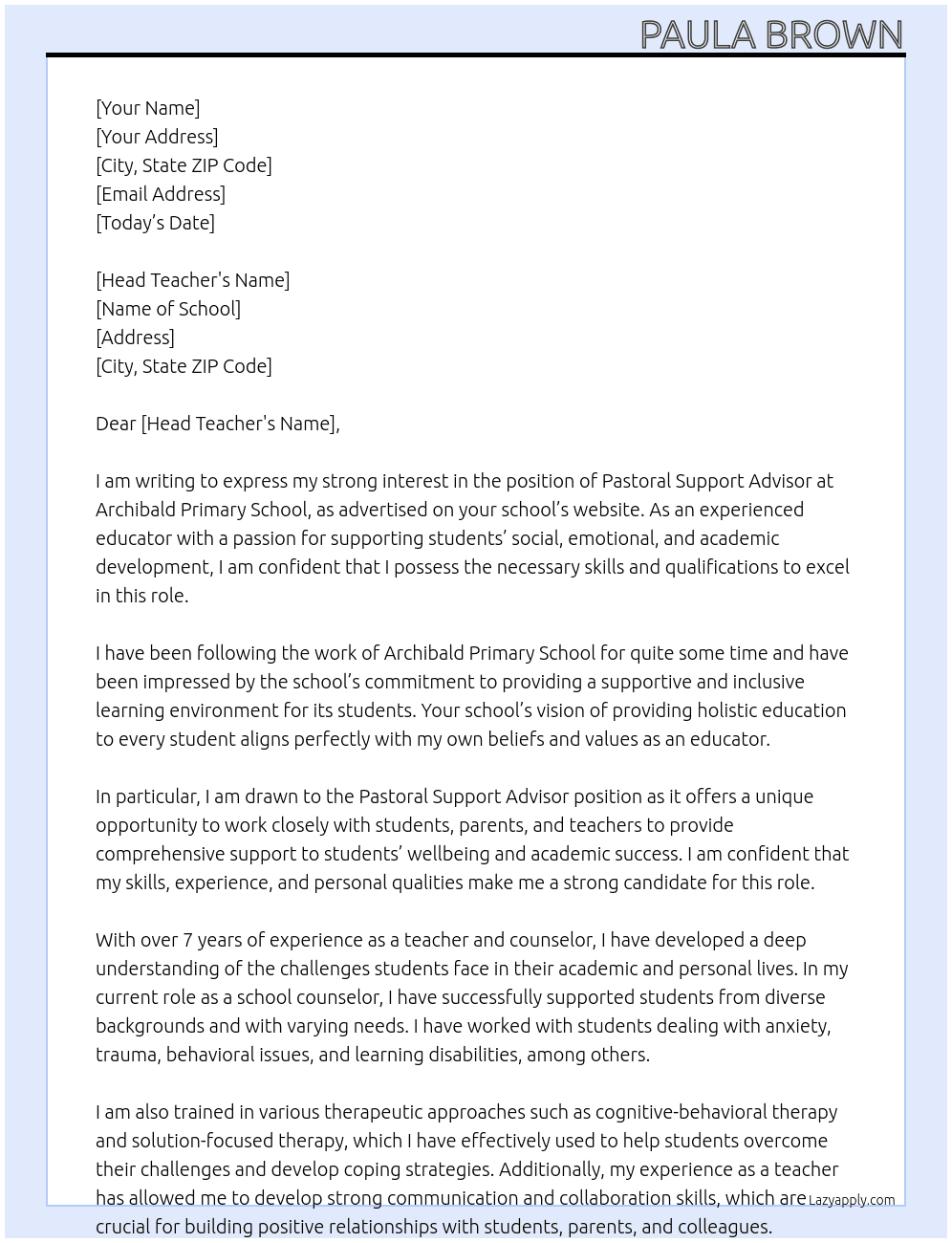 Pastoral Support Advisor At Archibald PrimarySchool Cover Letter