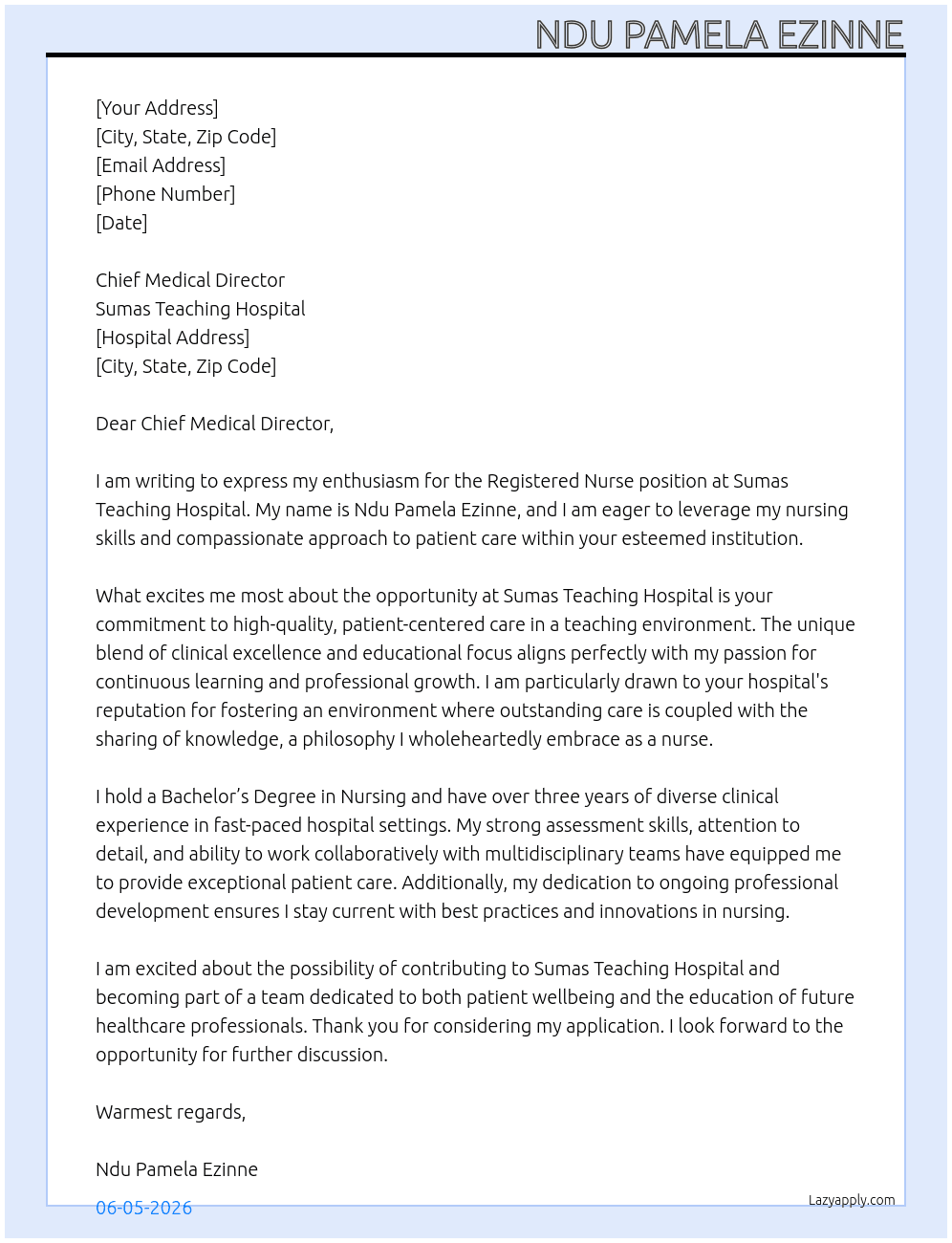 Registered Nurse At Sumas Teaching Hospital  Cover Letter