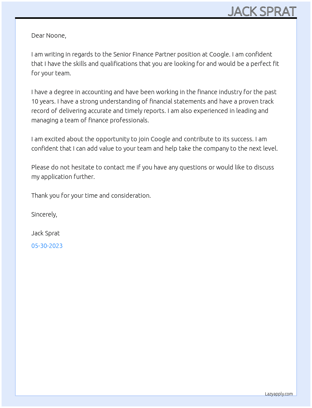 Senior Finance Partner At Coogle Cover Letter