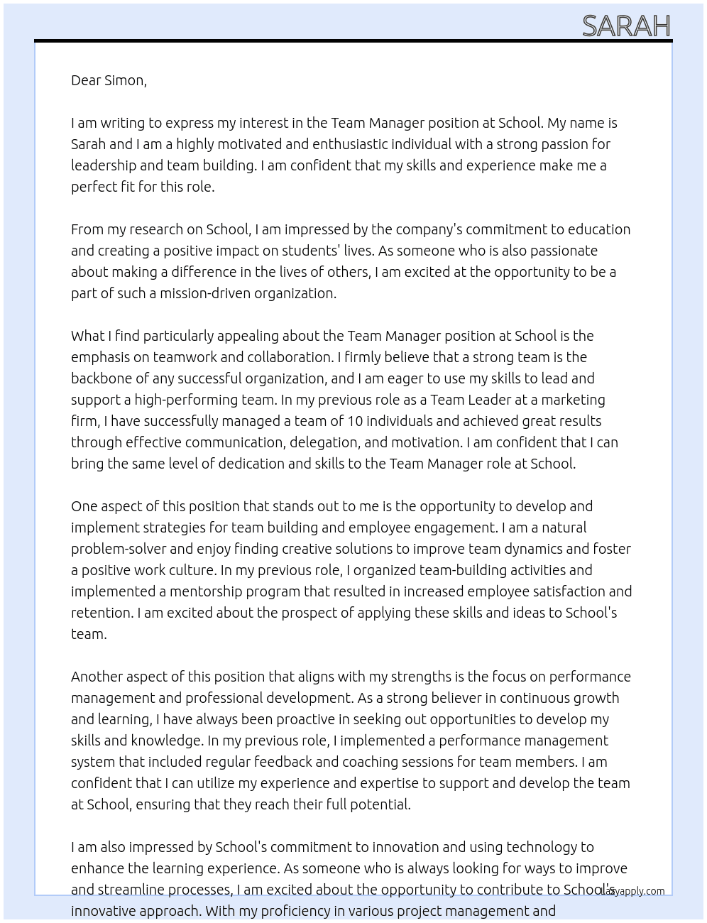 TEAM MANAGER At School Cover Letter