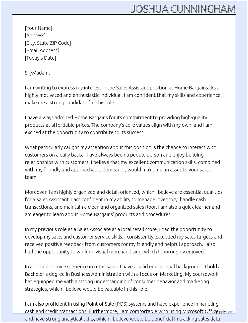 Sales assistant  At Home Bargains Cover Letter