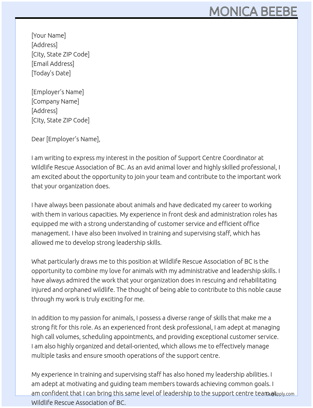 Support Centre Coordinator At Wildlife Rescue Association of BC Cover Letter