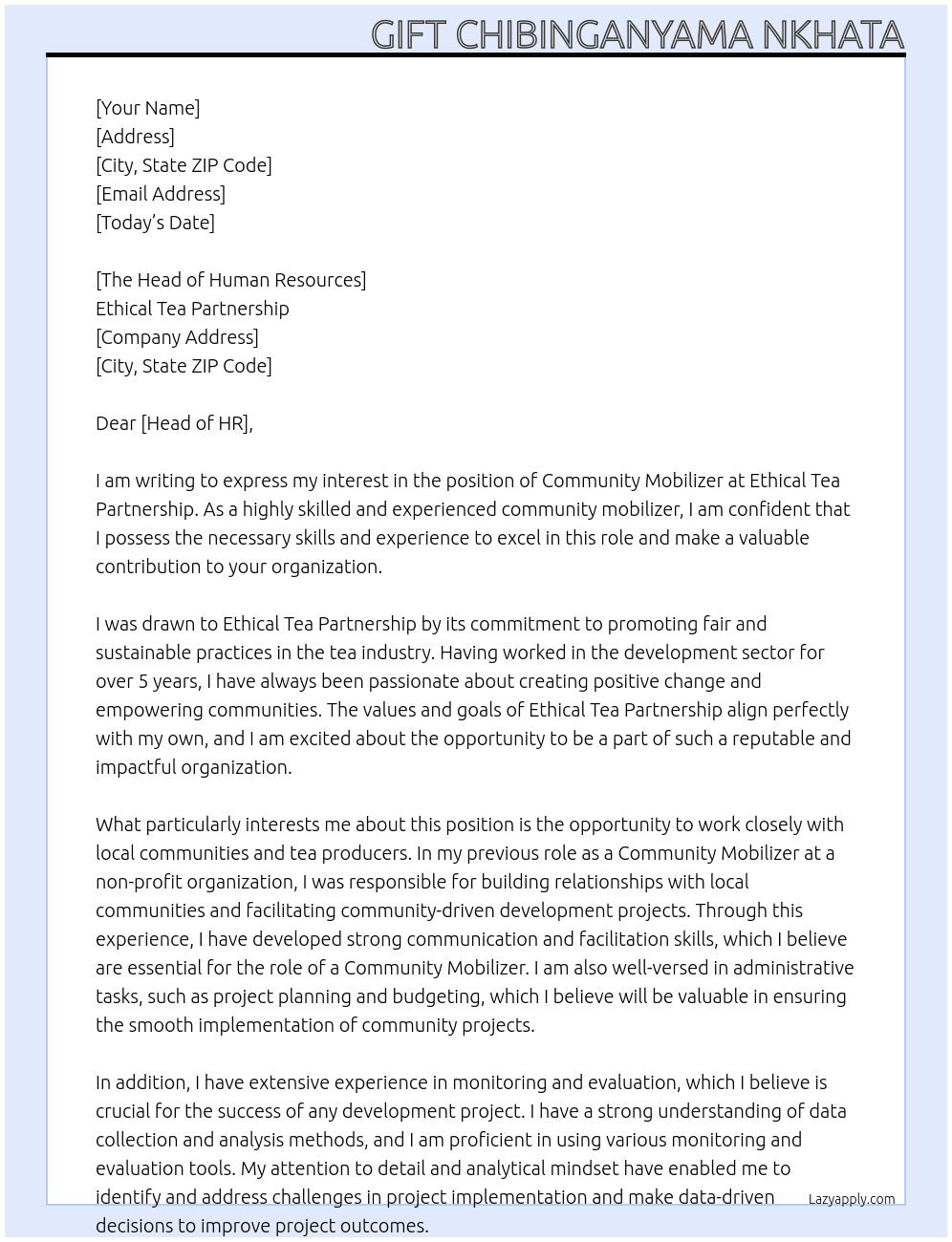 Community Mobilizer At Ethical Tea Partnership Cover Letter