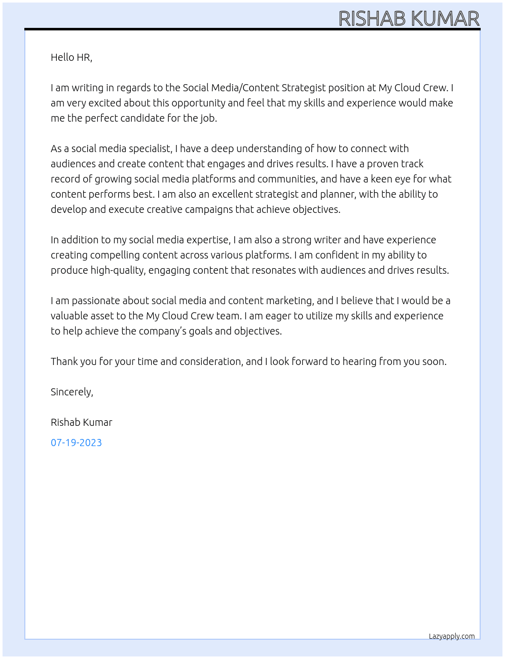 Social Media/Content Strategist At My Cloud Crew  Cover Letter